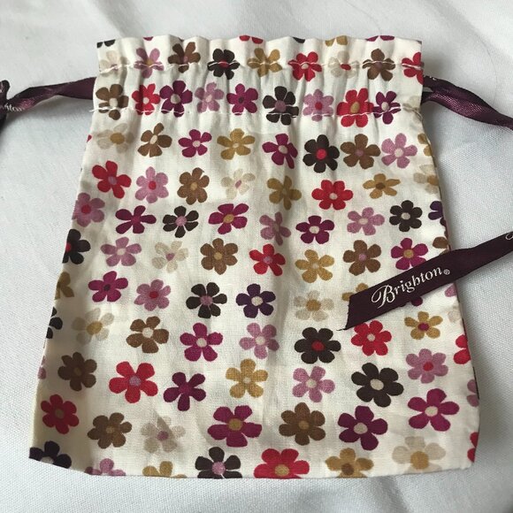 Brighton Ivory w/Colorful Rows of Flowers Jewelry Pouch w/Plum Logo Drawstring - Picture 1 of 5